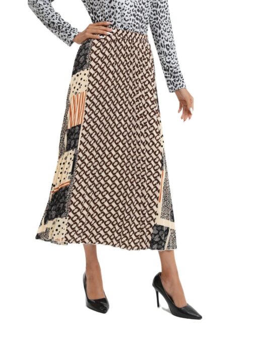 Mixed Print Pleated Midi Skirt – Flowy & Eye-Catching Statement Piece - Image 3