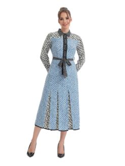 Sky Blue Pleated Midi Dress – Elegant Fit with Waist Tie